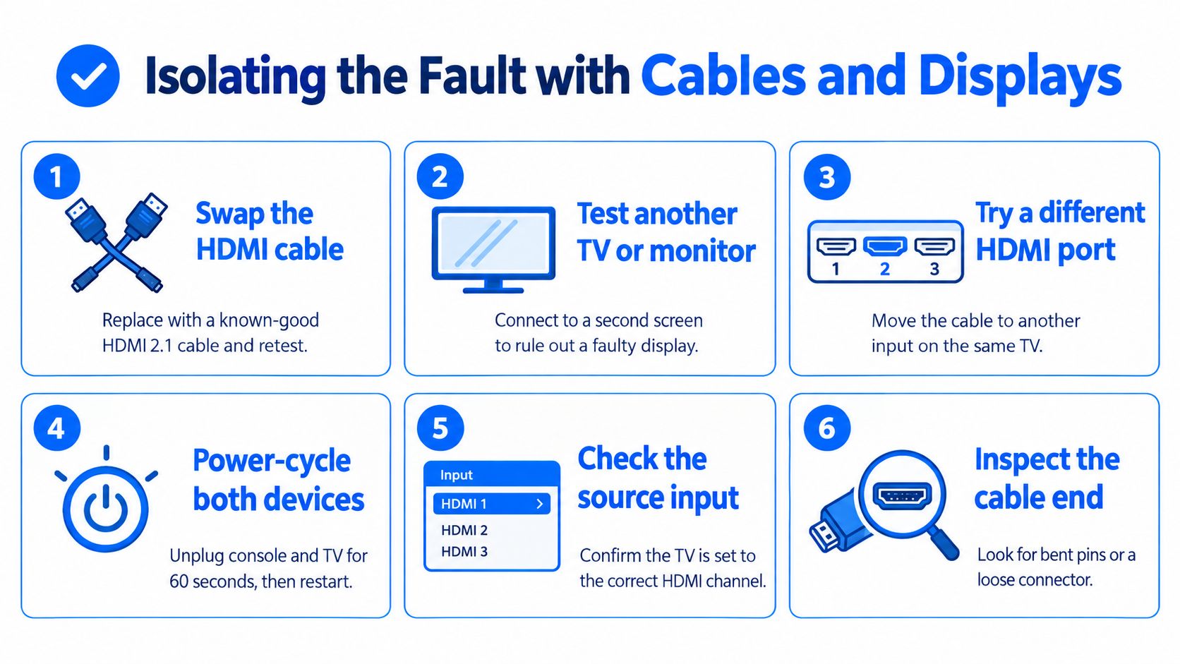 A troubleshooting infographic guide showing six steps to fix HDMI connection issues with cables and displays.