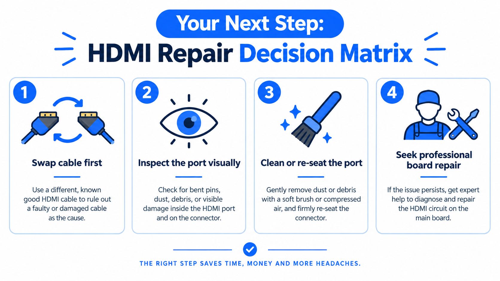 A four-step HDMI repair decision matrix diagram showing tips for troubleshooting common port and cable connection issues.