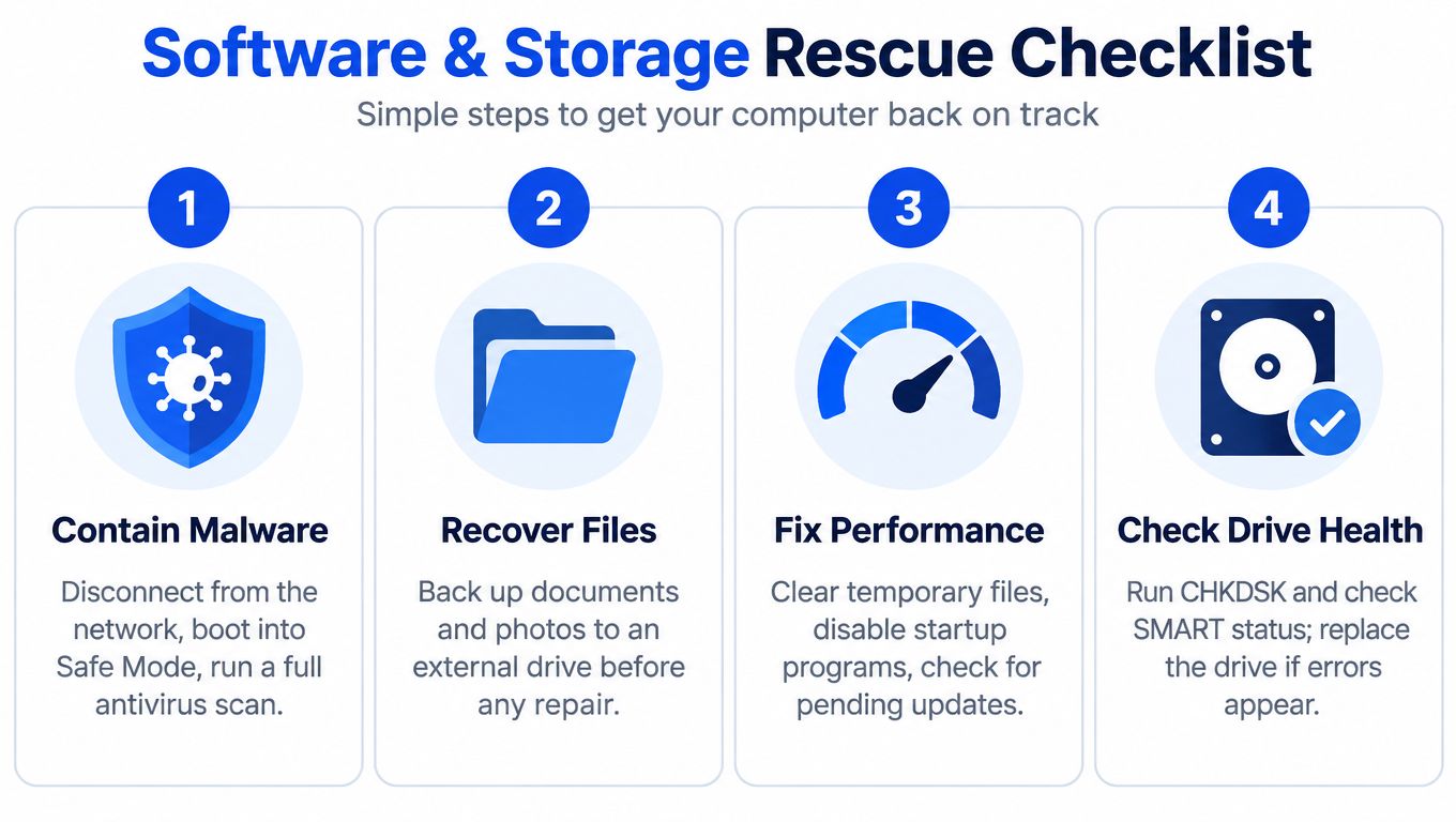 A four-step checklist infographic for repairing a computer, covering malware, file recovery, performance, and drive health.