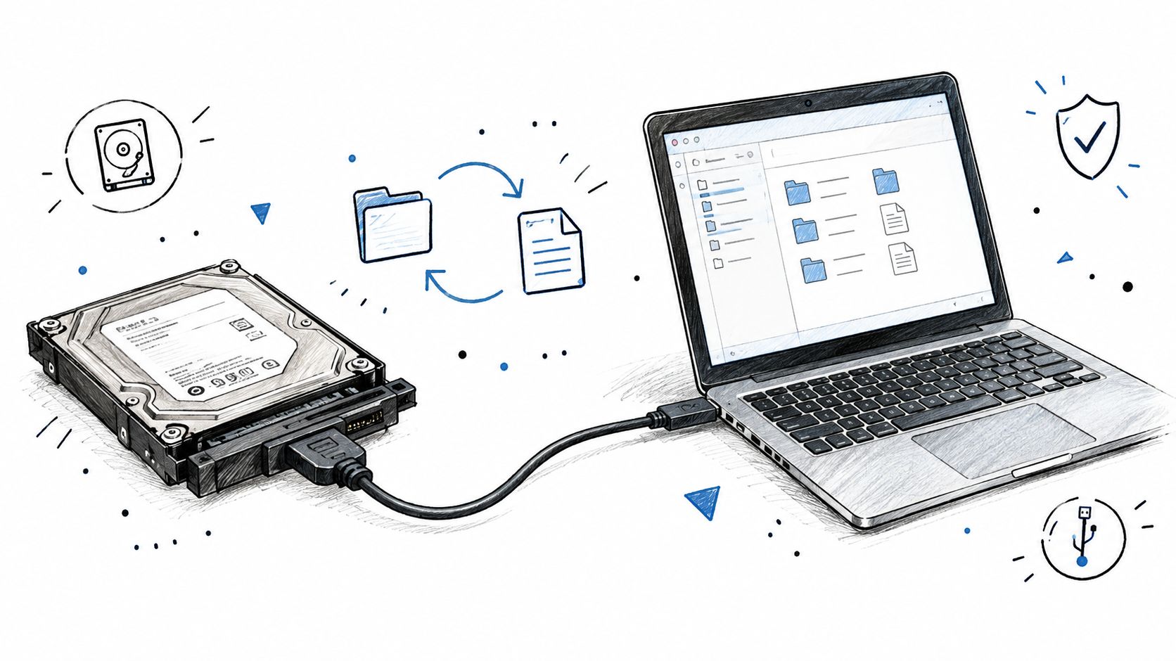 A hand-drawn illustration showing a hard drive connected to a laptop for data backup and recovery.