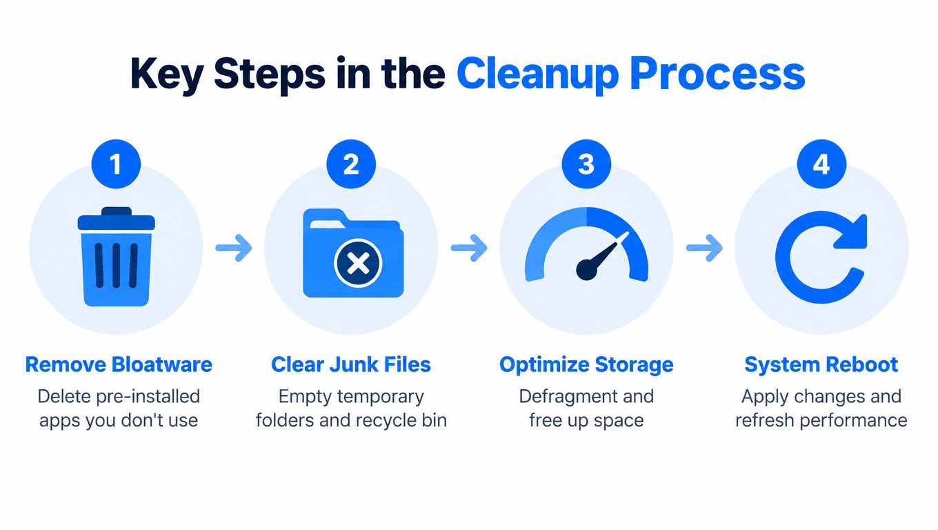 An infographic showing four steps for a computer system cleanup process including deleting apps and rebooting.