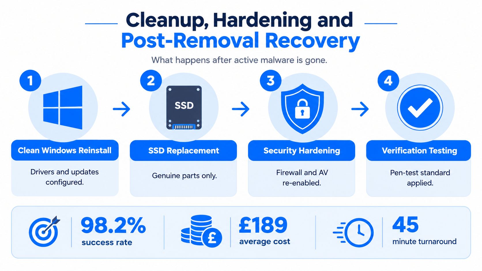 A flowchart showing four steps for malware recovery: Windows reinstall, SSD replacement, security hardening, and verification testing.