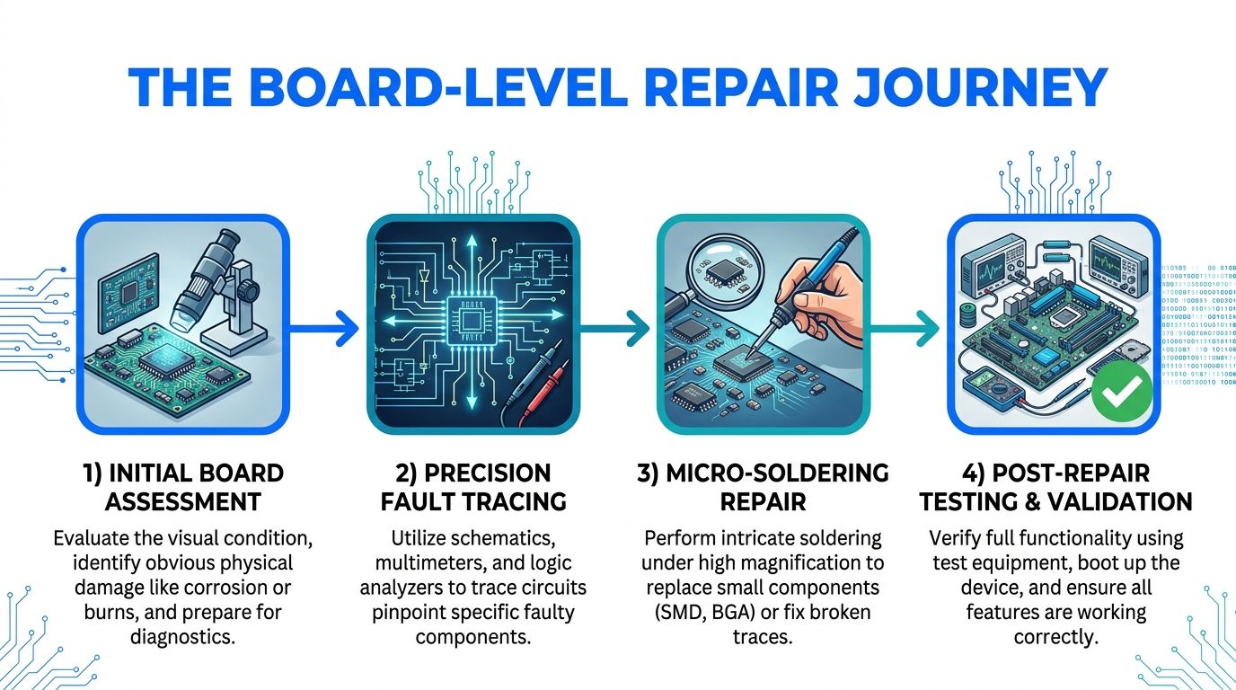 An infographic detailing the four-step board-level repair journey for electronic devices including assessment, tracing, soldering, and testing.