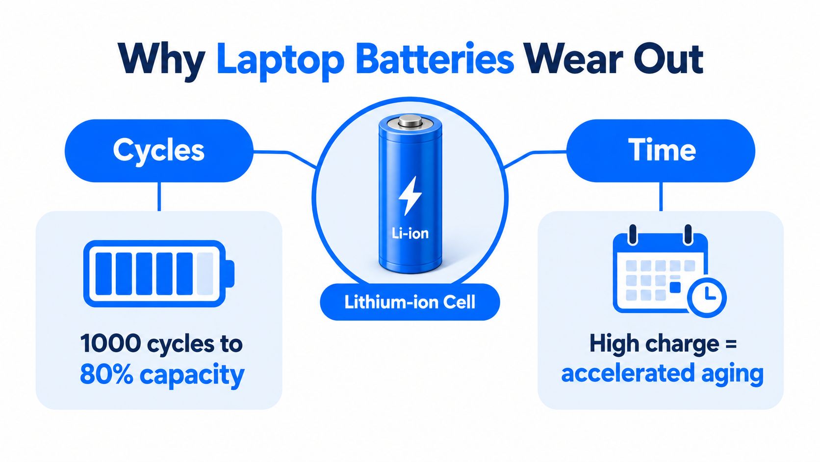 A diagram explaining that laptop battery degradation is caused by charge cycles and the passage of time.