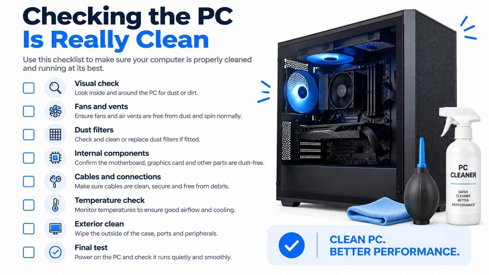 A checklist for cleaning a desktop computer with a PC tower, cleaning tools, and a guide list.