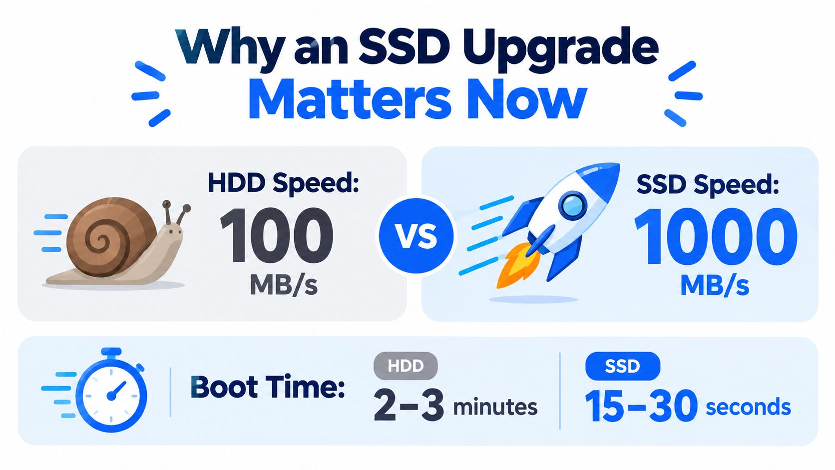 A comparison graphic showing the speed and boot time advantages of an SSD over an HDD.