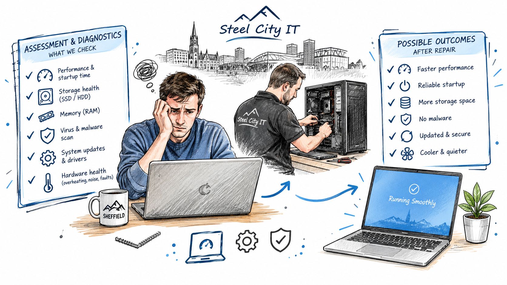 A technician repairs a desktop computer while a user looks frustrated at their slow laptop before repairs.