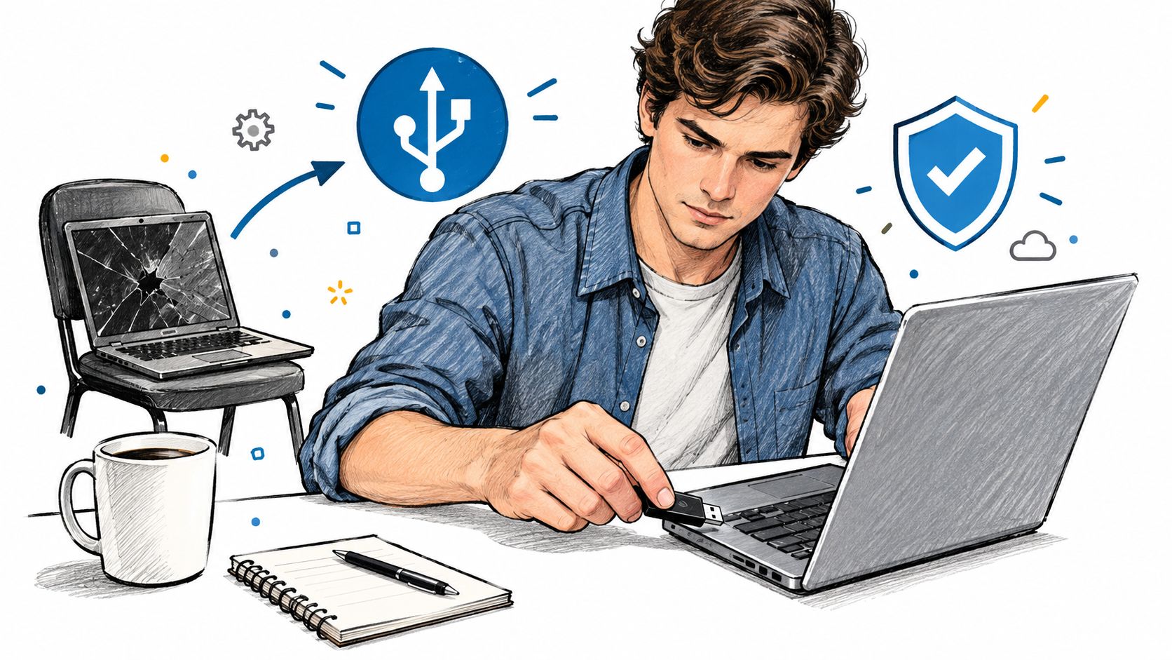 A young man sitting at a desk inserting a USB flash drive into his laptop computer.
