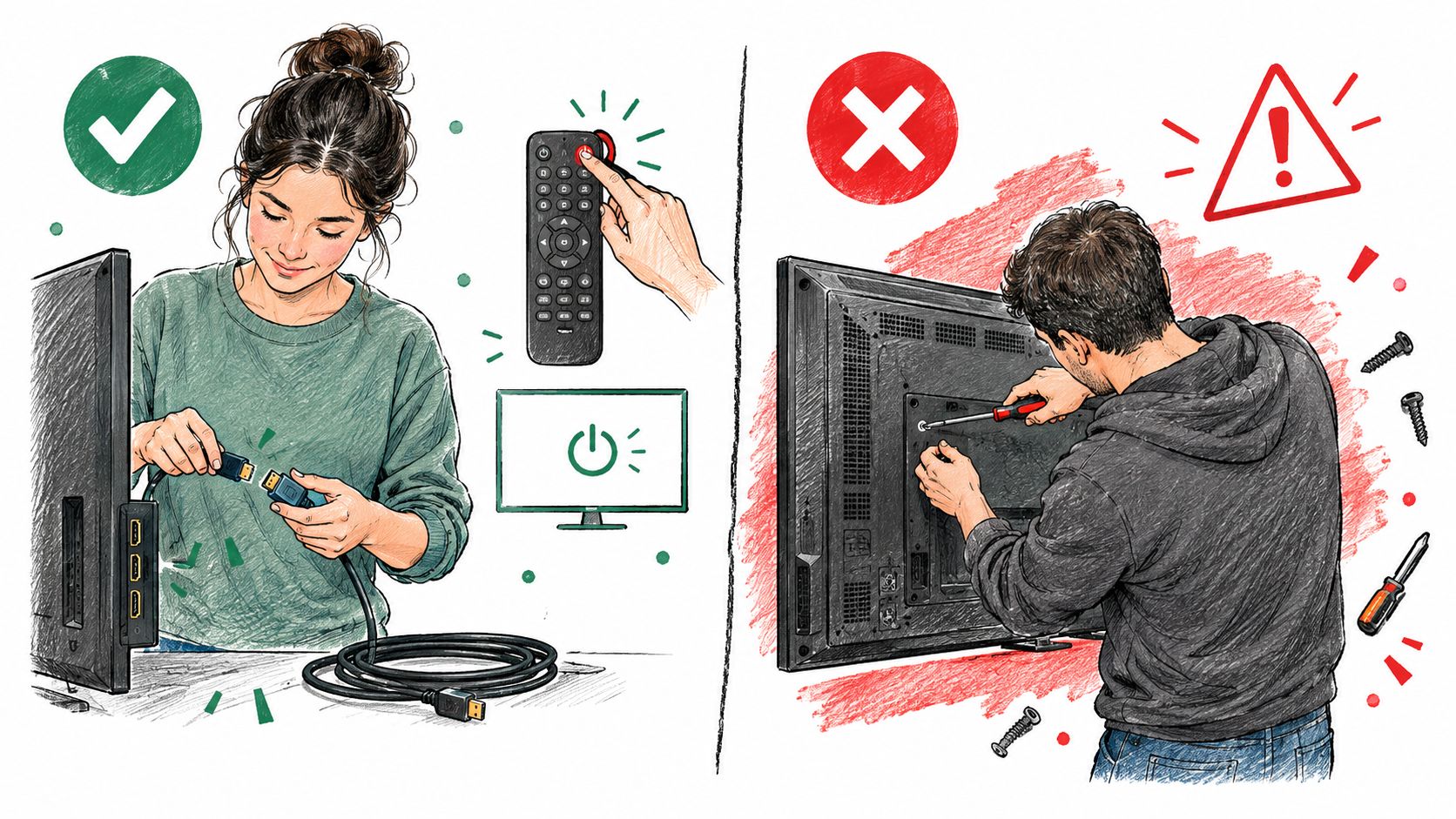 A split image showing correct HDMI cable connection on the left and incorrect TV disassembly on the right.