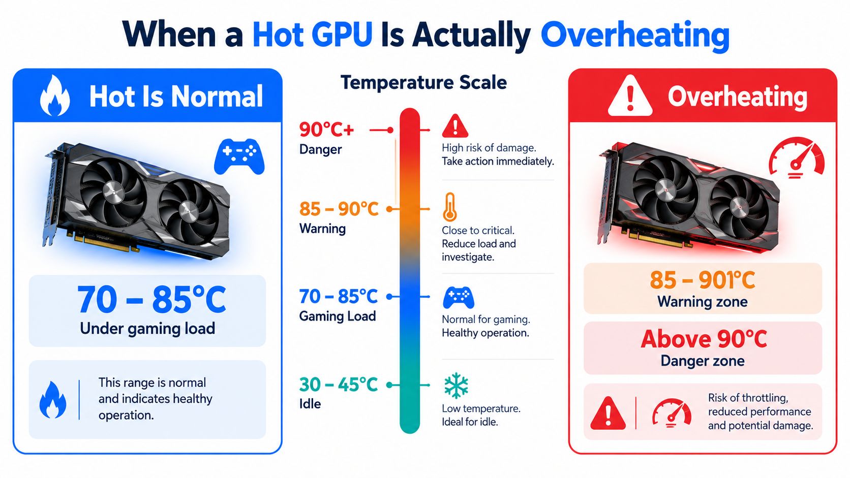 An infographic showing safe and dangerous operating temperature ranges for a graphics processing unit (GPU).