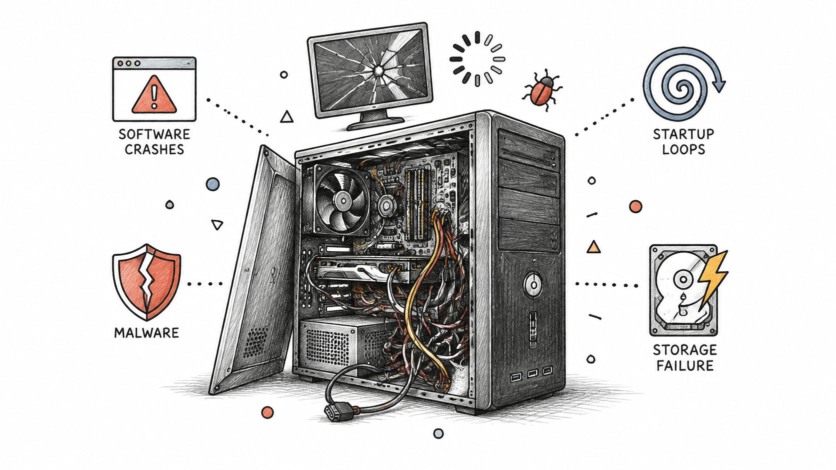 A hand-drawn illustration depicting common technical issues with a computer tower including software crashes and hardware failure.