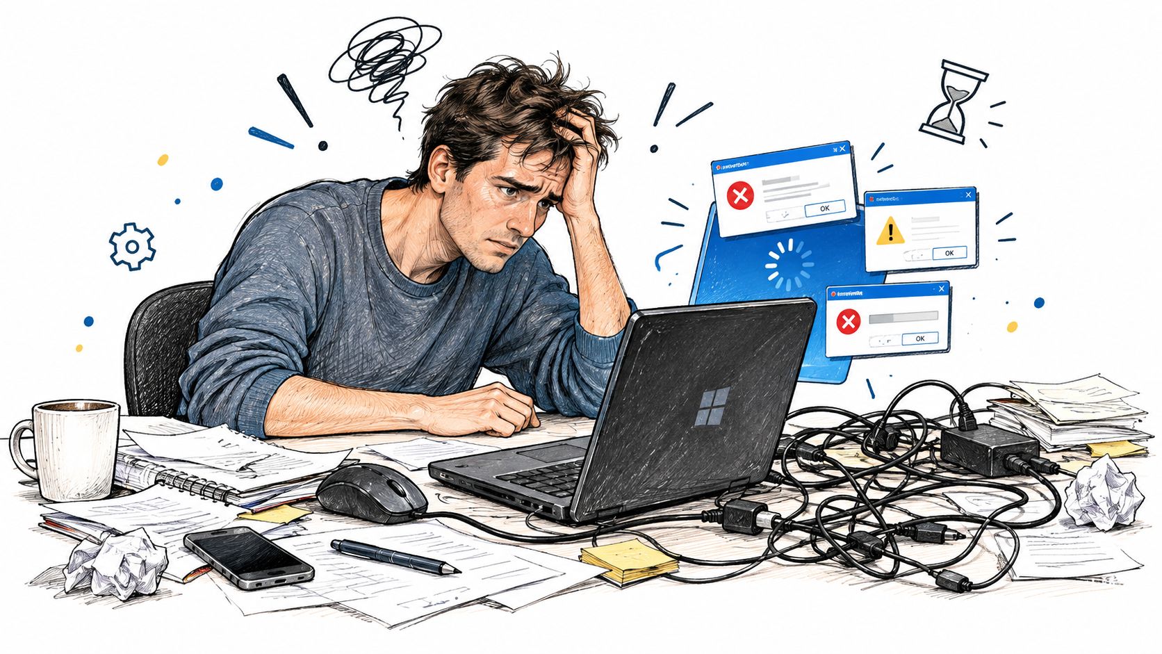 A frustrated man sits at a cluttered desk, struggling with his malfunctioning laptop and computer error messages.