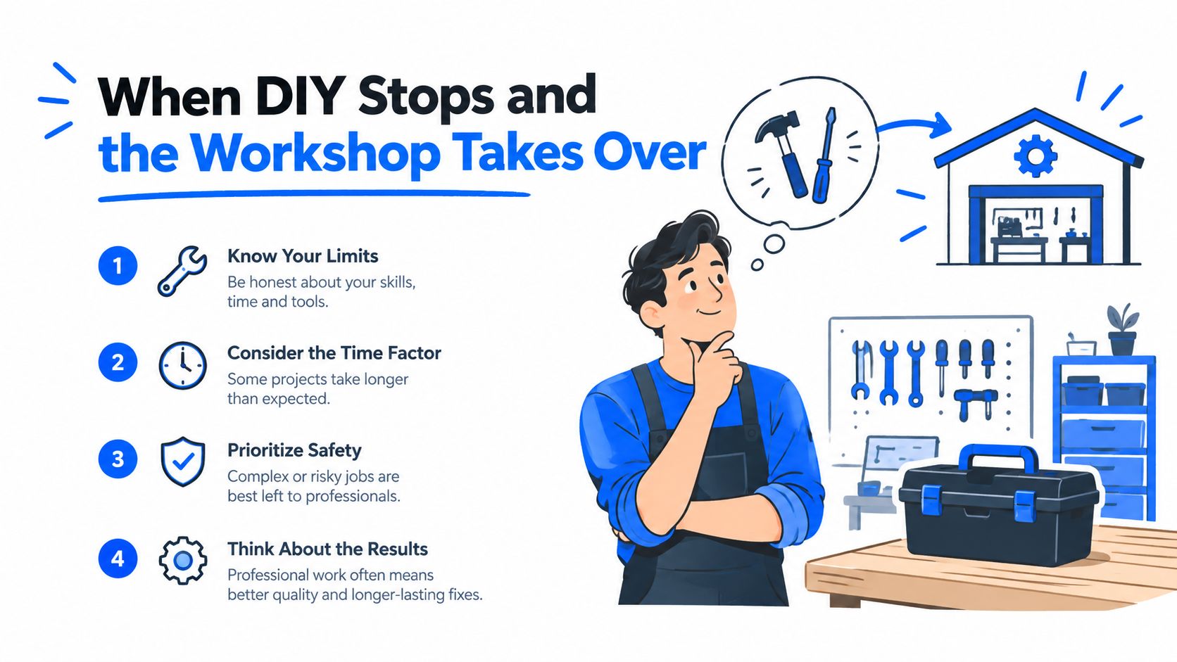 A professional illustration showing when to choose professional services over DIY projects with four actionable tips.
