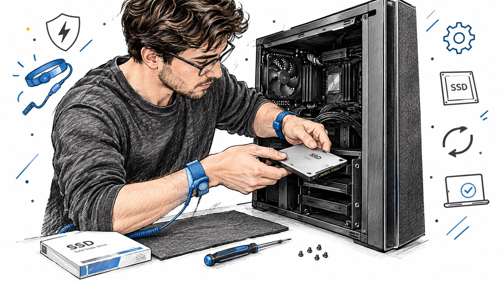 A young man wearing an anti-static wrist strap installing a solid state drive into a desktop computer.
