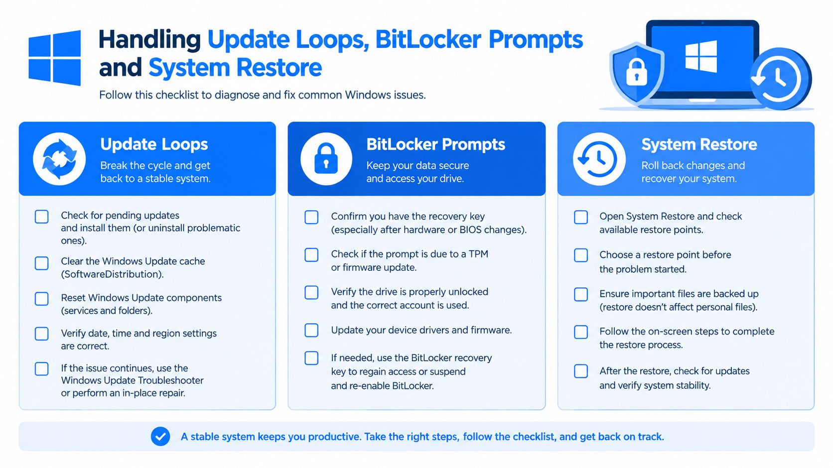 A diagnostic checklist for troubleshooting Windows update loops, BitLocker prompts, and performing system restores for stable operation.