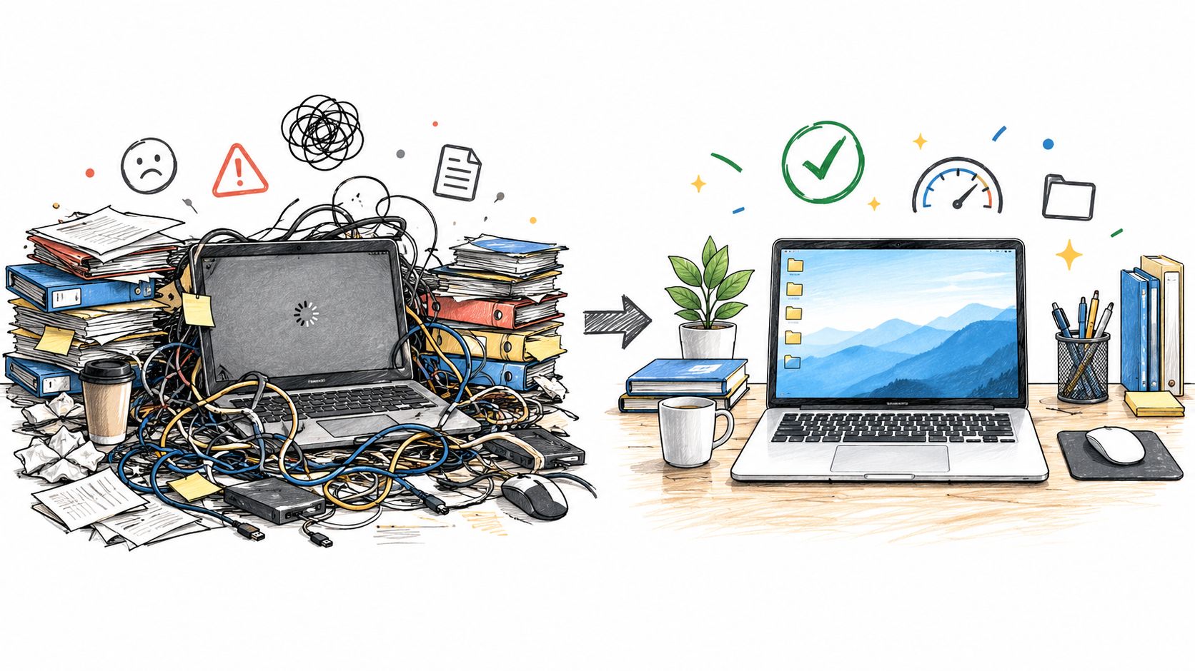 A digital illustration showing a messy workspace with a slow laptop versus a clean, organized office setup.