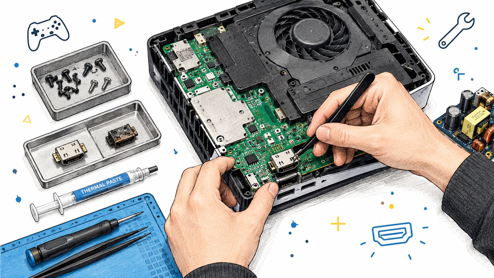 A technician carefully repairs a gaming console motherboard using specialized tools, tweezers, and thermal paste on a workbench.