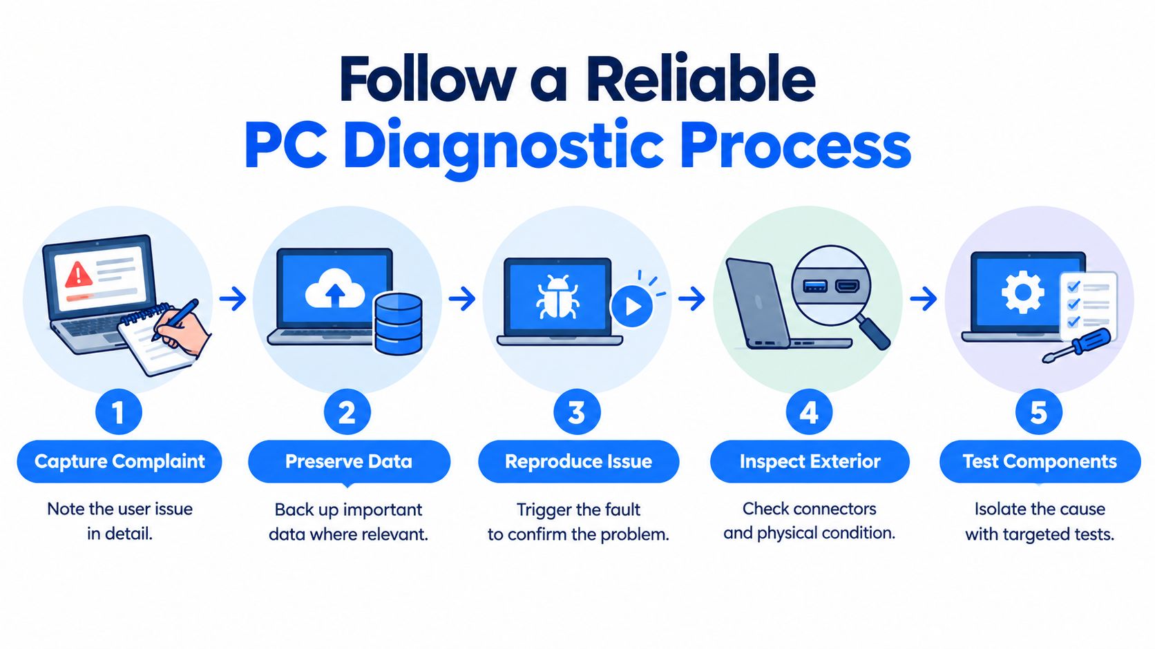 A flowchart infographic titled Follow a Reliable PC Diagnostic Process displaying five numbered steps for troubleshooting computers.