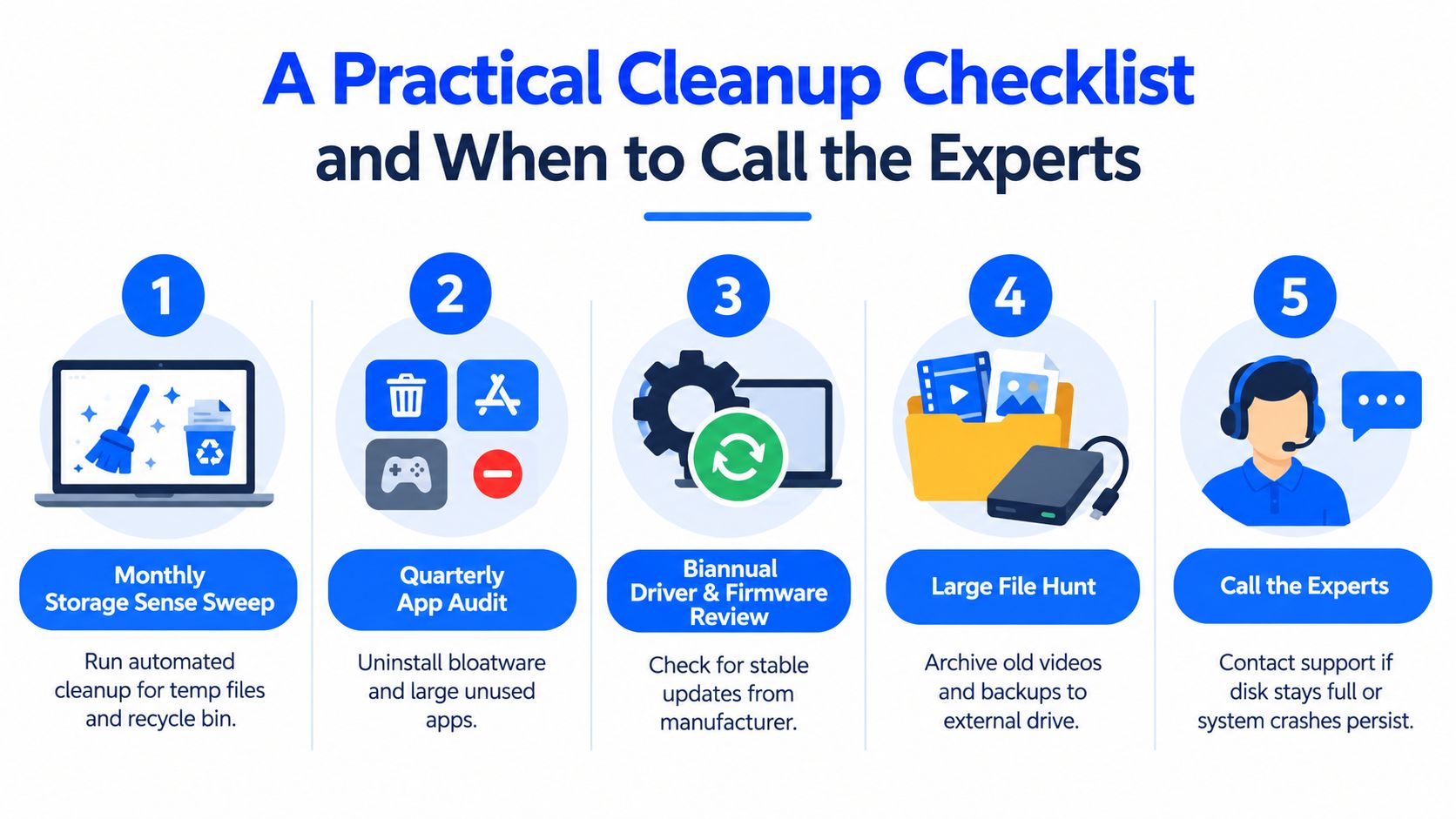 A five-step instructional infographic titled A Practical Cleanup Checklist outlining maintenance tasks for computer disk storage optimization.