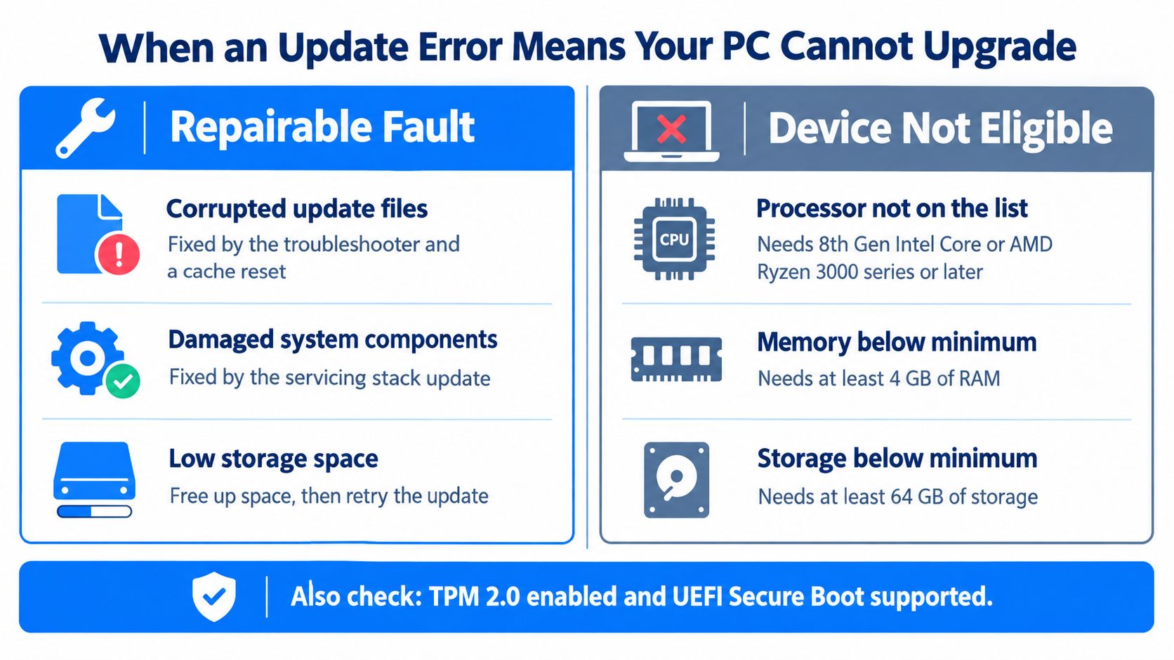 An infographic detailing common PC upgrade errors, categorized into repairable faults and permanent device incompatibility issues.