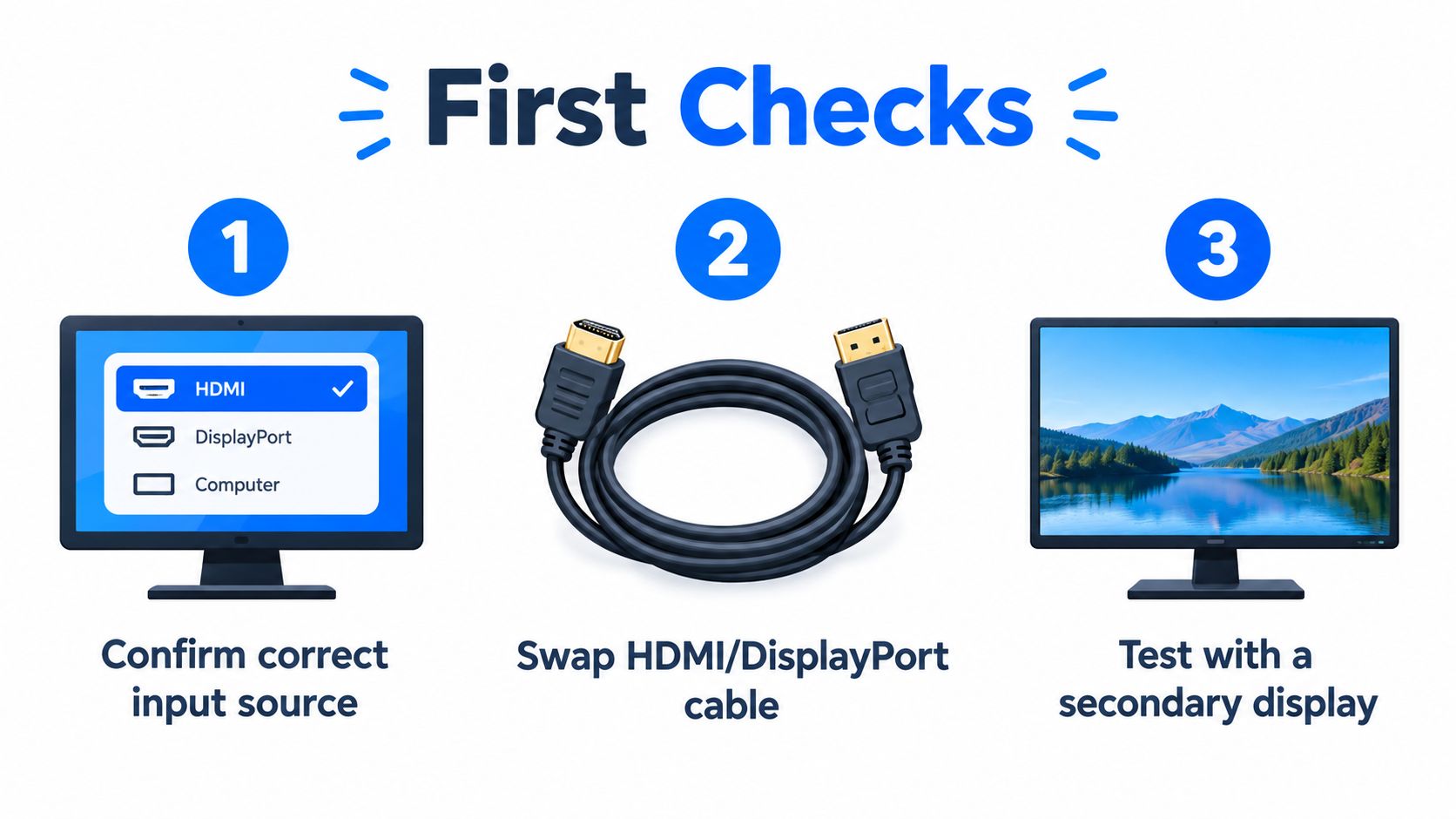 A troubleshooting infographic for Windows black screen issues, showing three steps to check monitor input, cables, and display.