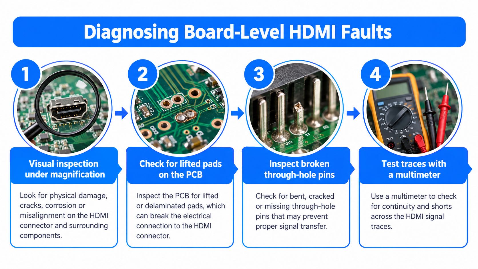 A flowchart detailing four steps to diagnose HDMI port faults on a printed circuit board.