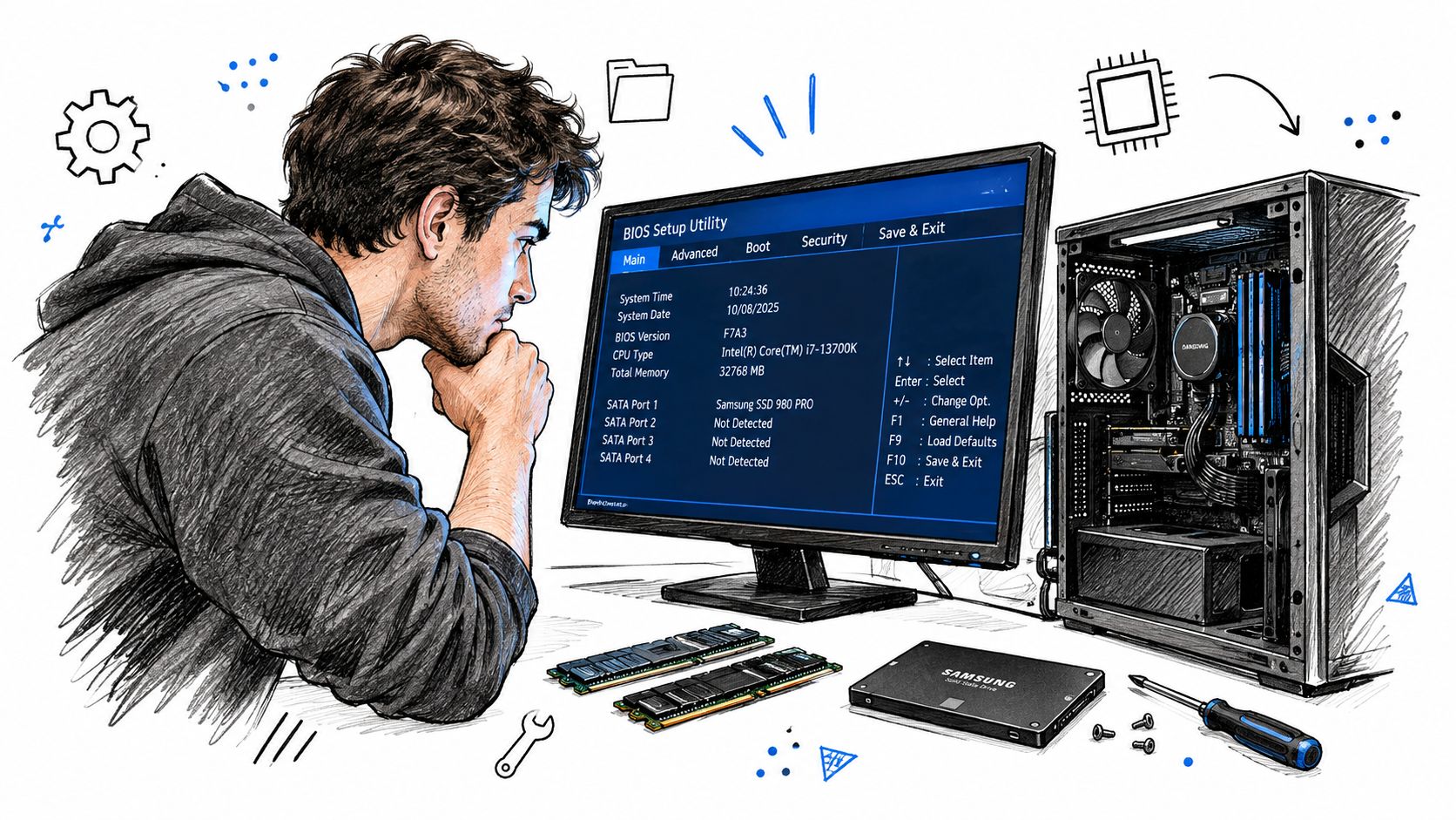A person focused on a computer monitor displaying BIOS settings while building a custom gaming PC.