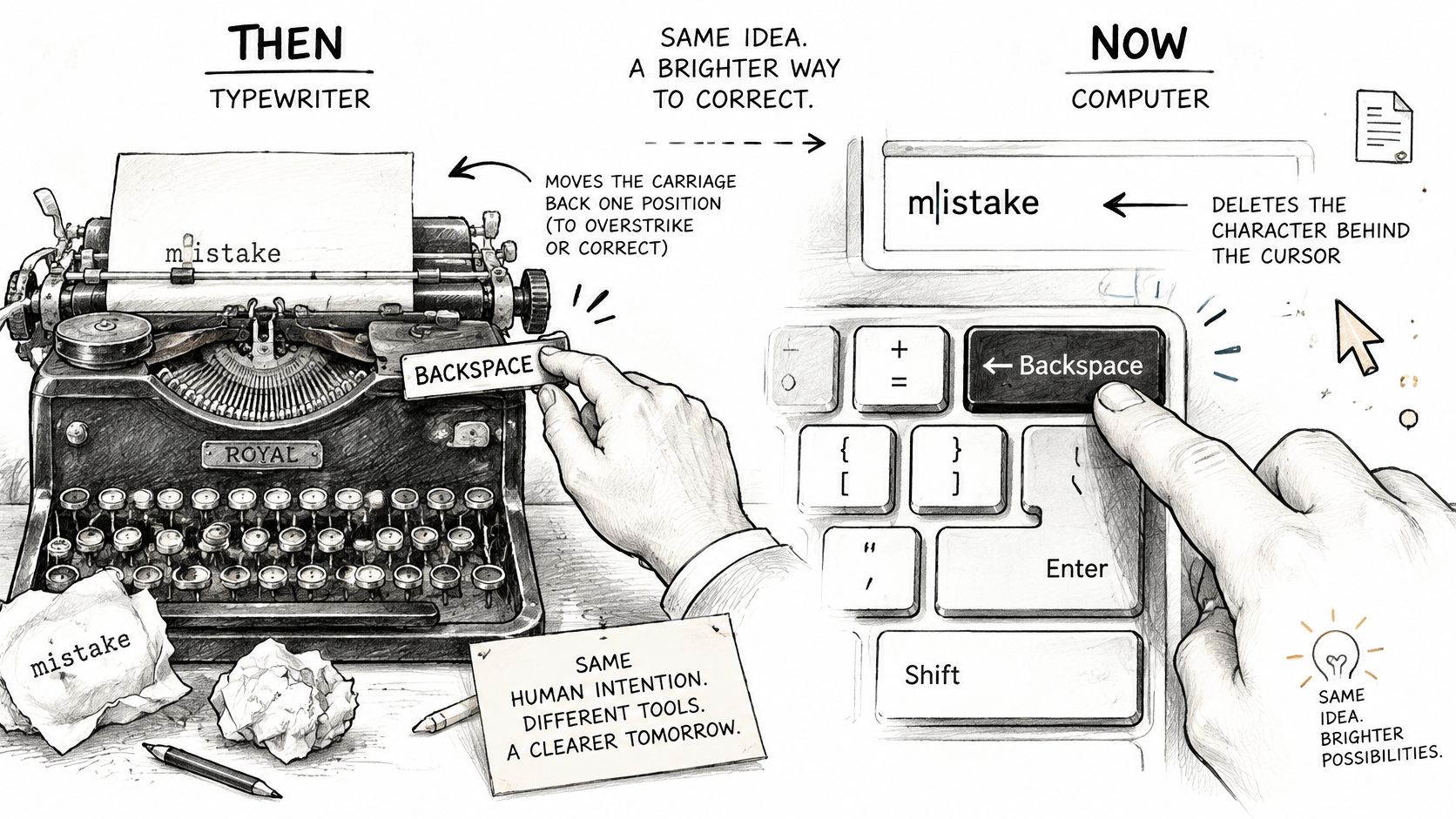 A split image comparing a vintage typewriter backspace key to a modern computer keyboard backspace button.