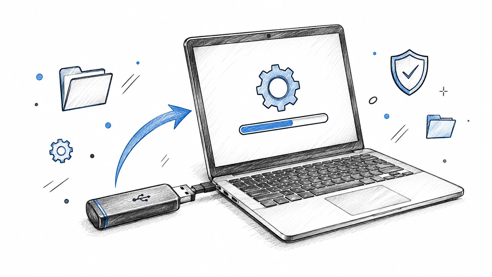 A hand-drawn illustration of a USB drive connected to a laptop showing a file processing icon.