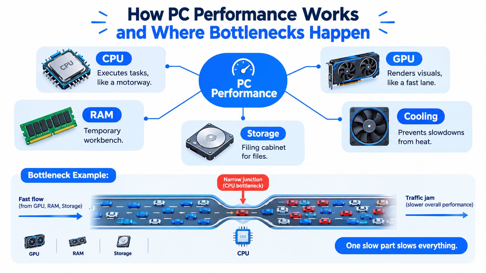 A diagram explaining how PC components affect performance and illustrate a CPU bottleneck metaphorically using a traffic jam.