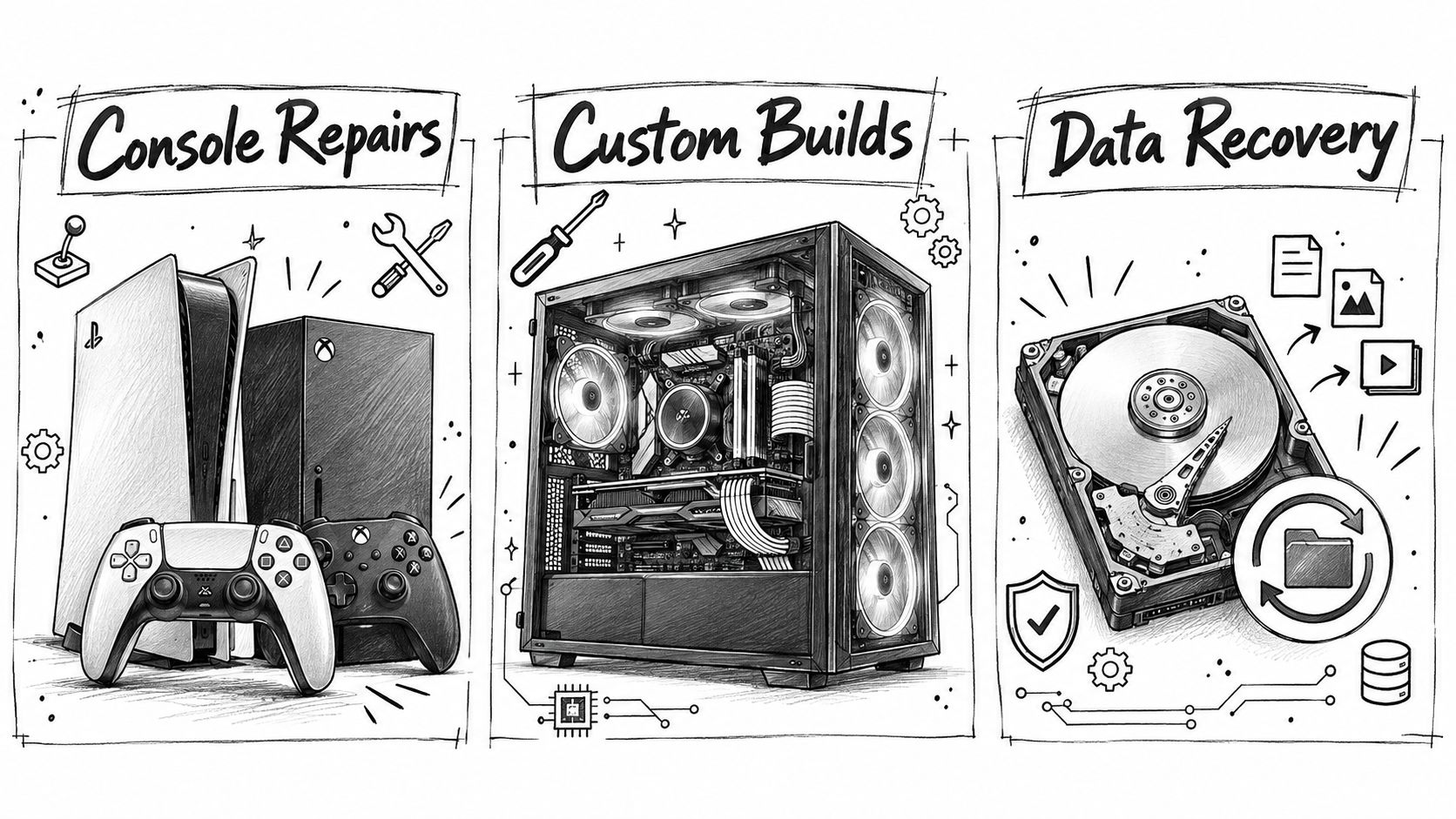 A pencil sketch illustration displaying icons and devices for console repairs, custom PC builds, and data recovery services.