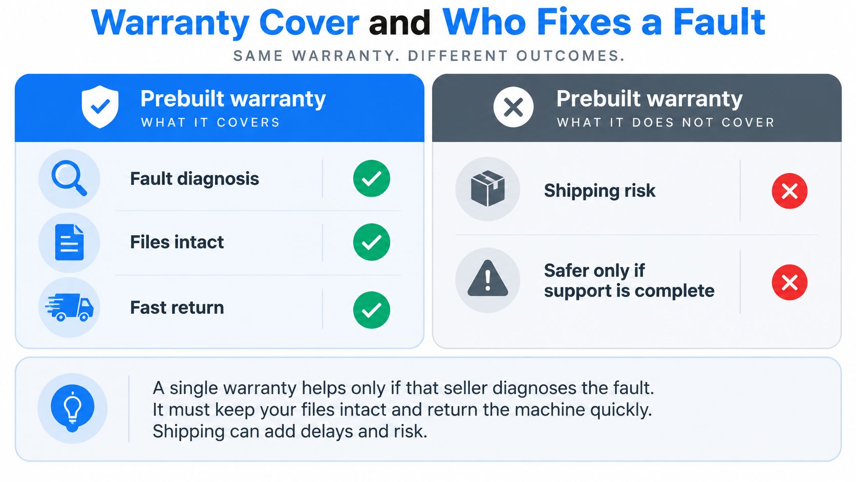 A comparison chart showing what is included and excluded in a standard prebuilt computer system warranty.