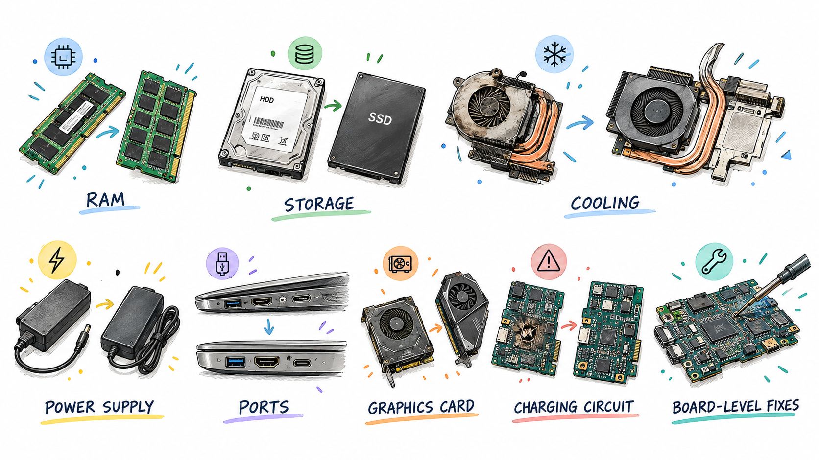 A hand-drawn illustration showing various PC hardware components and common laptop repair procedures and maintenance tasks.
