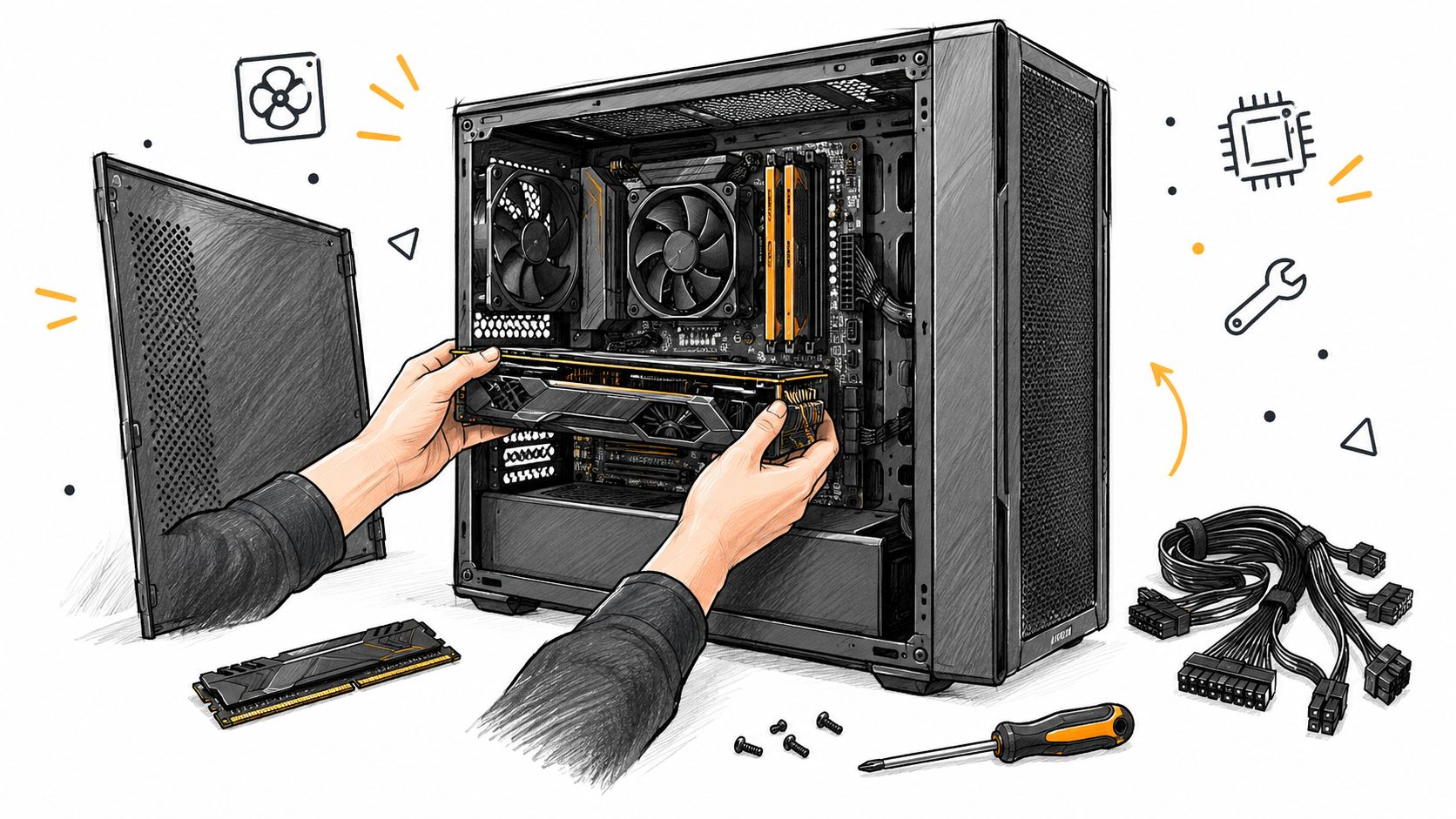 A hand-drawn illustration showing a person installing a graphics card into a custom computer case.