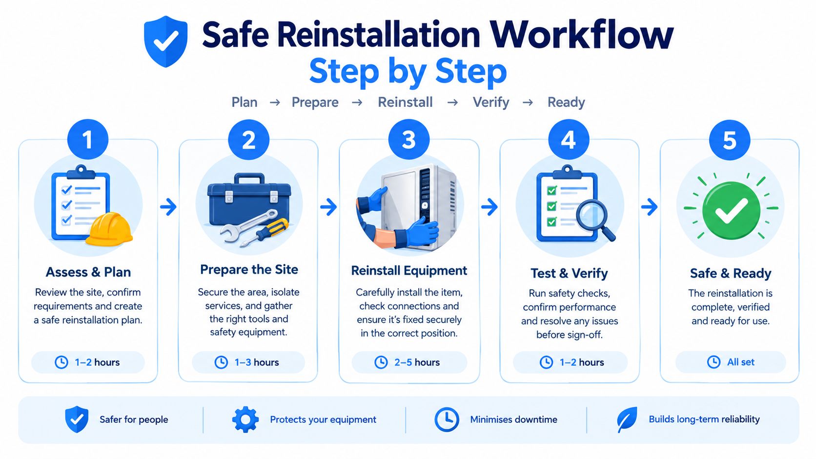 A five-step infographic illustrating a professional, safe equipment reinstallation workflow, from assessment to final verification.