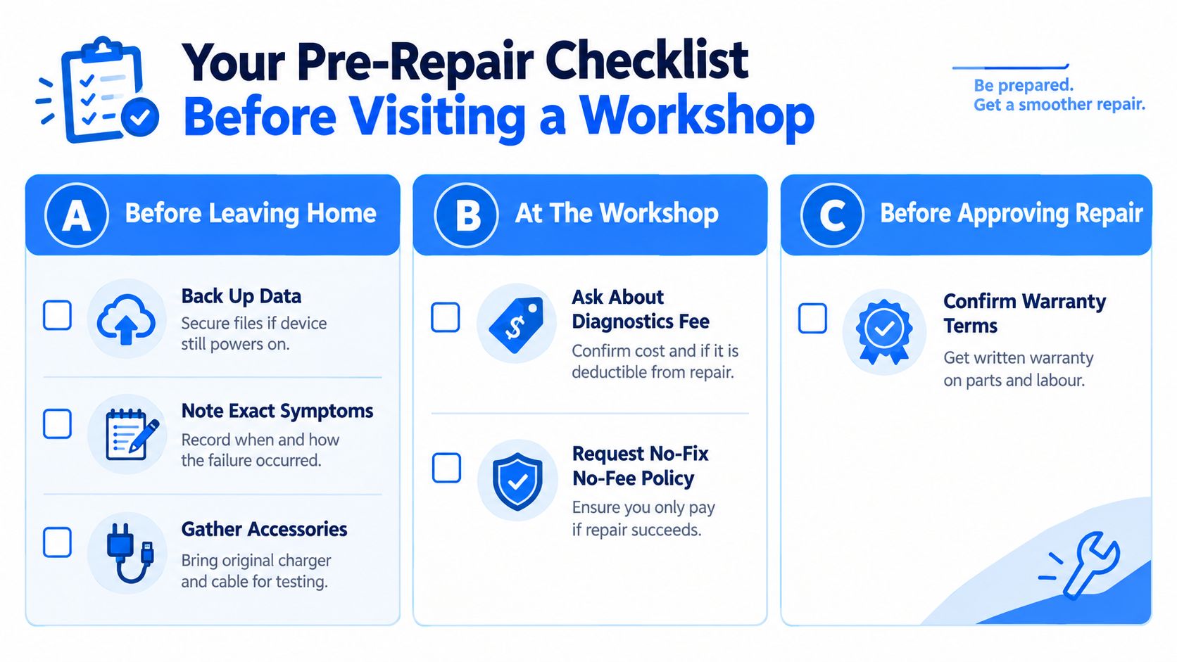 A checklist infographic titled Your Pre-Repair Checklist Before Visiting a Workshop, detailing steps to take before and during repairs.