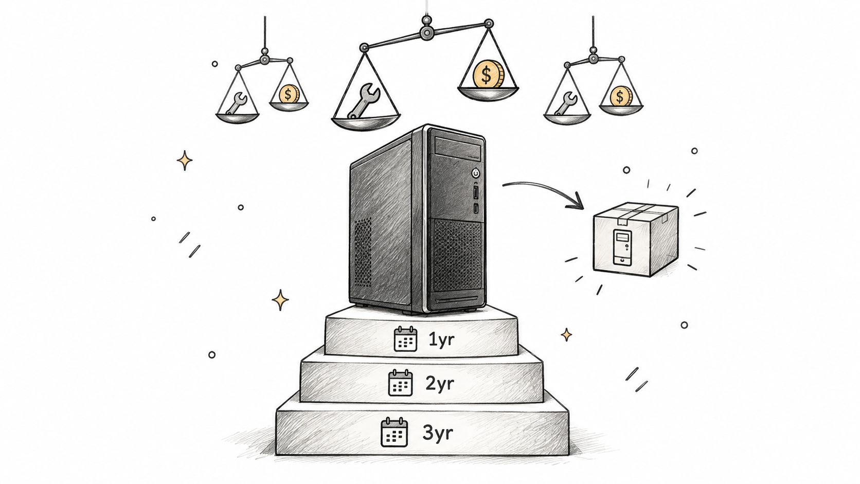 A sketched illustration showing a desktop computer on tiered steps representing one, two, and three-year service plans.