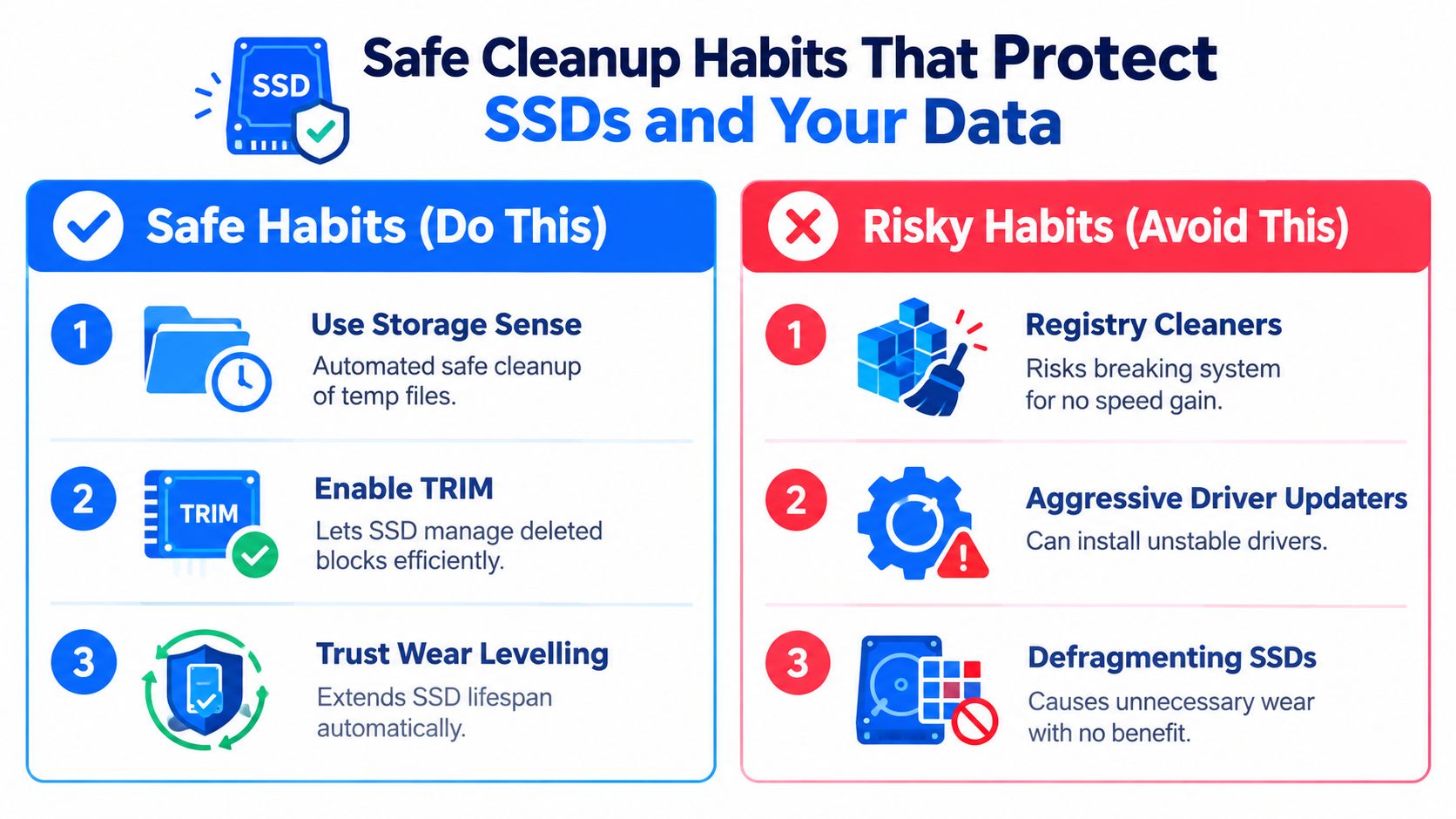 An infographic outlining three recommended safe habits and three risky habits for maintaining computer SSDs.