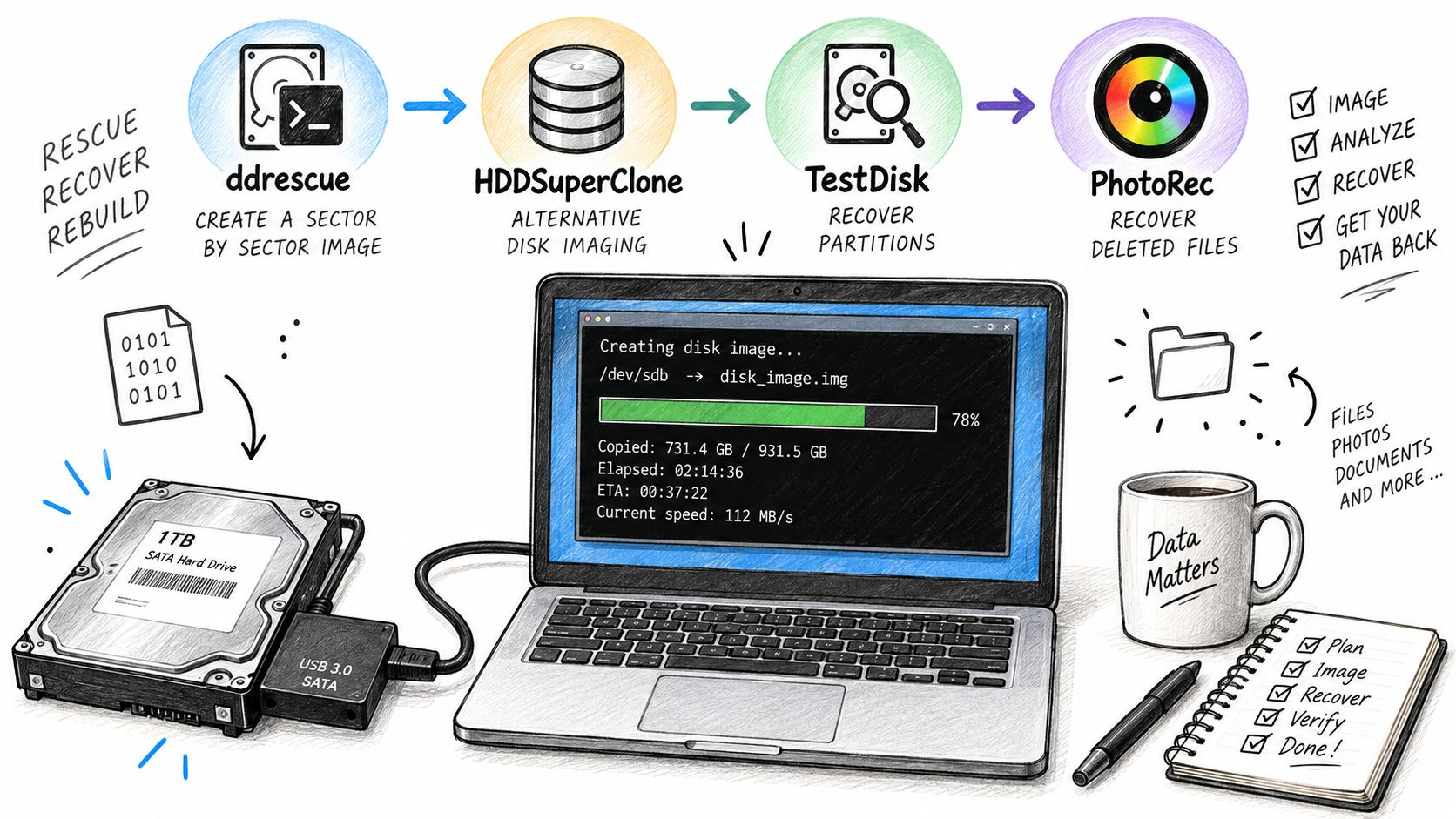A hand-drawn illustration showing the process of recovering data from a hard drive using a laptop.