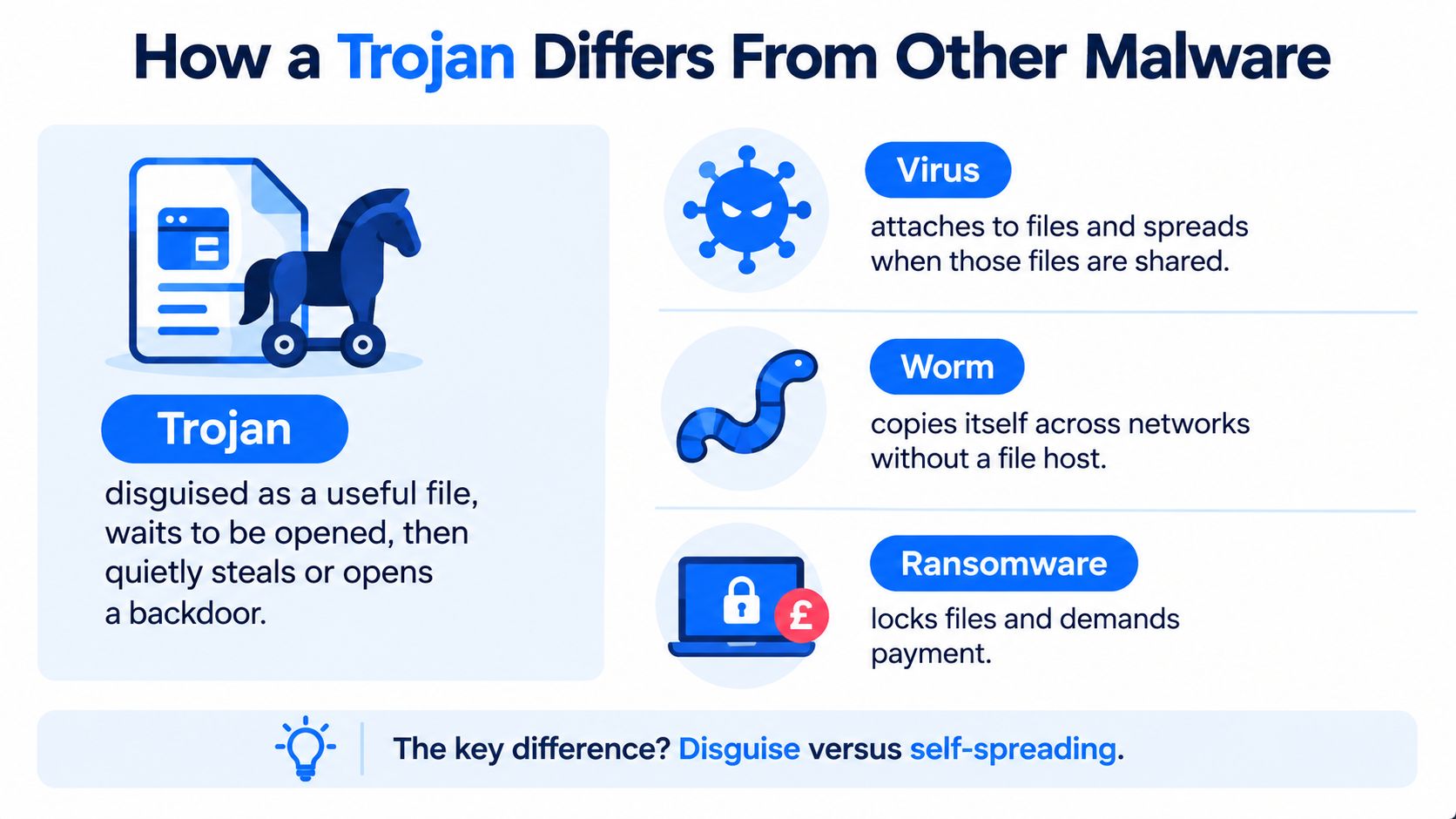 An infographic comparing a Trojan malware to other types of threats like viruses, worms, and ransomware.