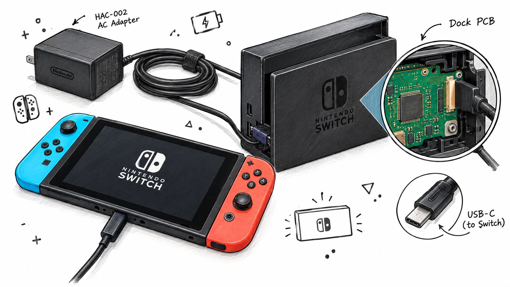 An illustrative diagram showing a Nintendo Switch console, dock, and AC adapter with internal PCB components displayed.