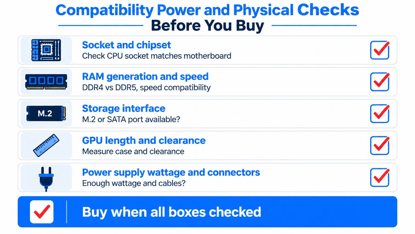 A checklist infographic illustrating key compatibility and physical checks for building or upgrading a computer.