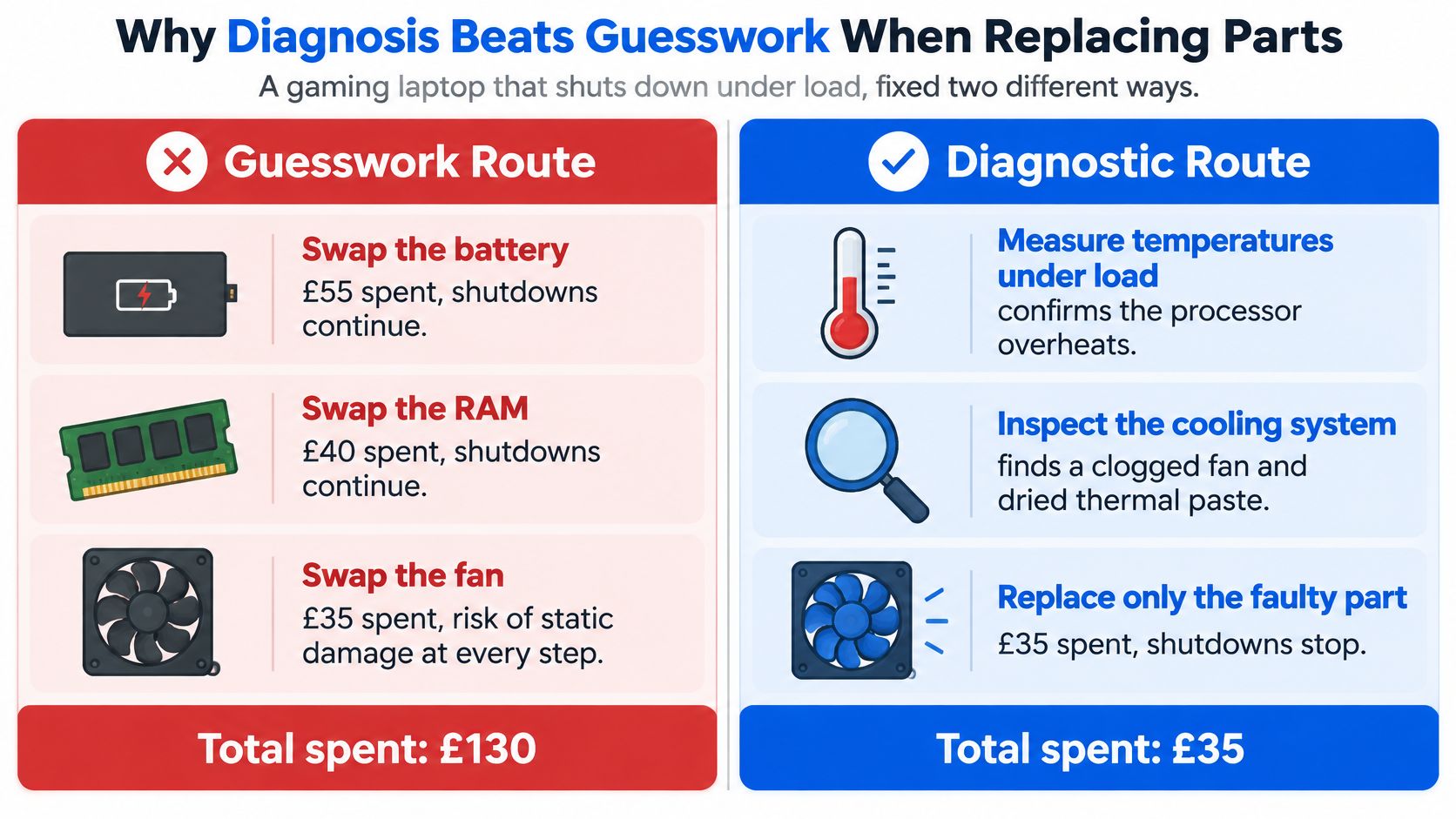 An infographic comparing the costs and efficiency of guessing versus diagnostic troubleshooting for a laptop repair.