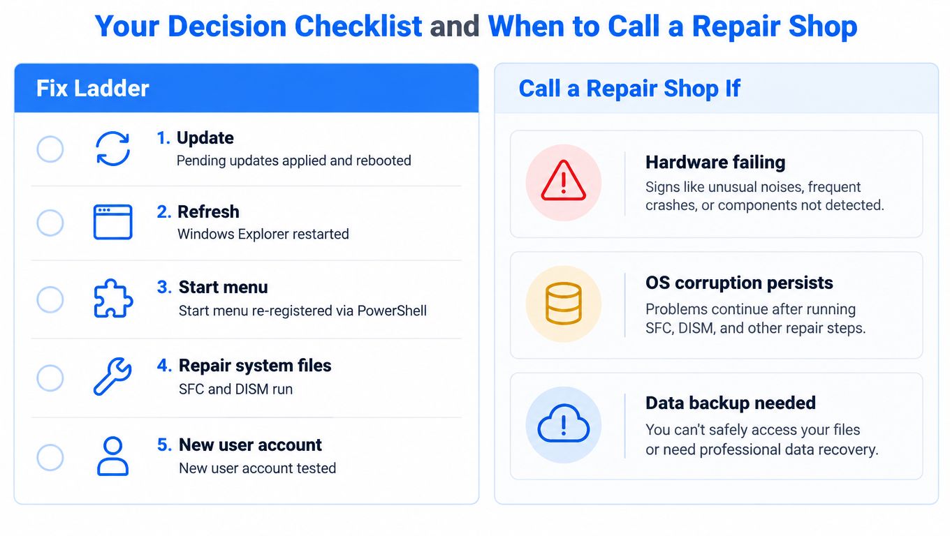A troubleshooting checklist for Windows users to fix issues or determine when to call professional repair services.
