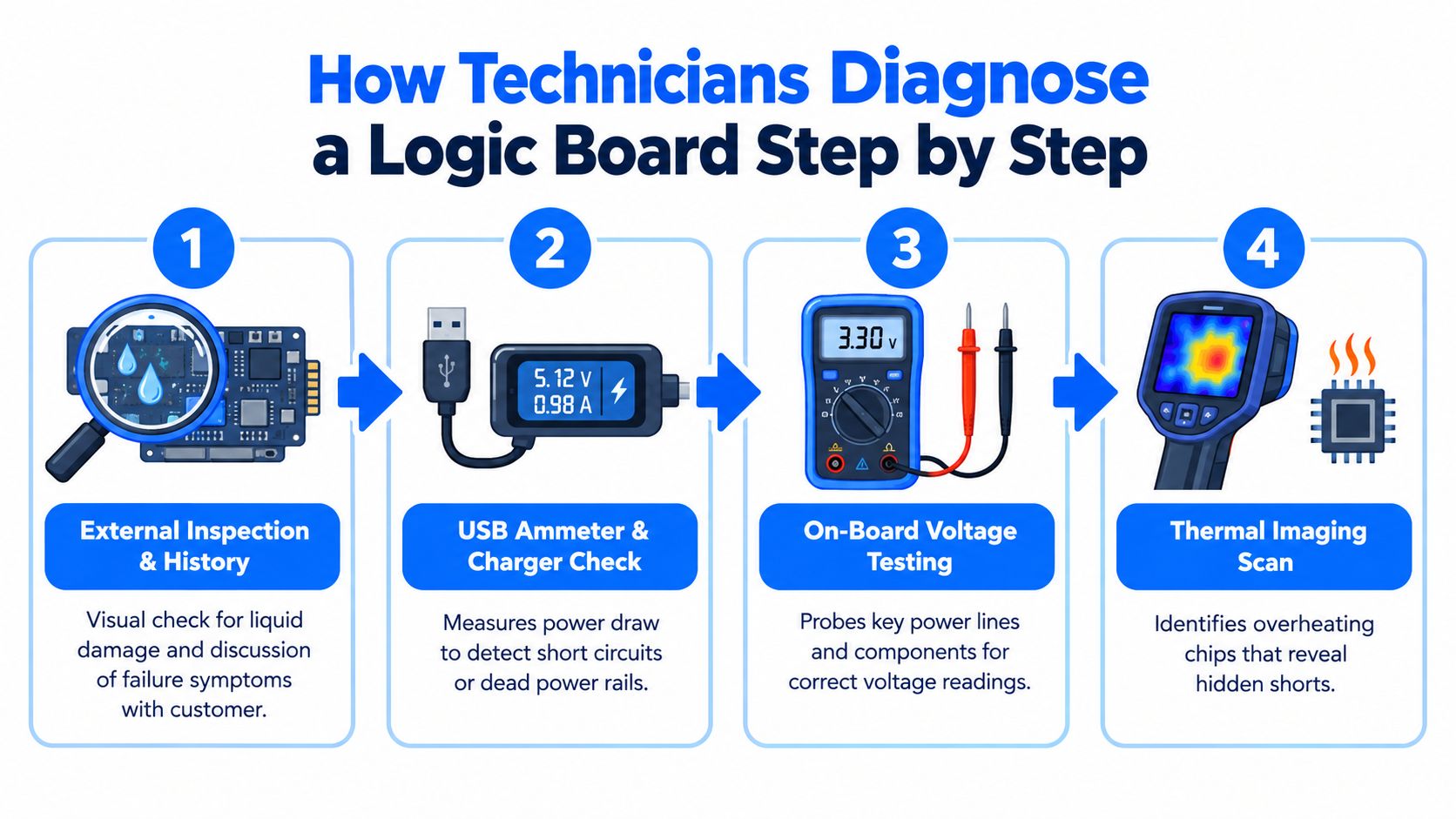 An infographic showing four steps for logic board repair including inspection, power measurement, voltage testing, and thermal imaging.