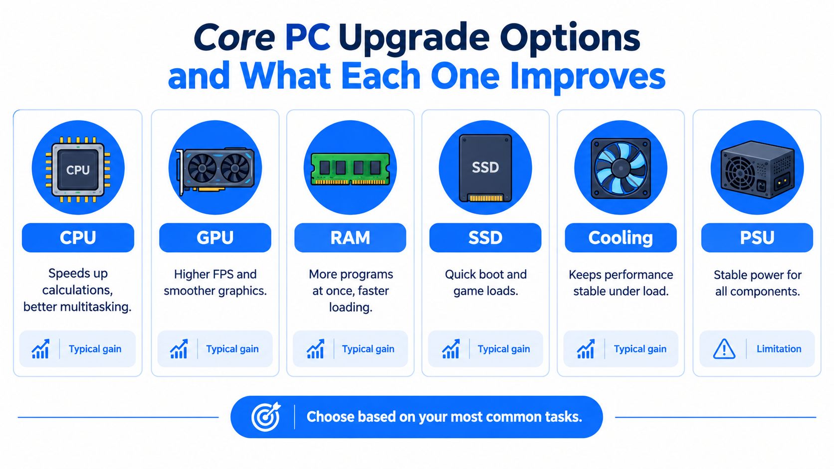 An infographic showing common PC hardware upgrade components like CPU, GPU, RAM, SSD, cooling, and power supply.