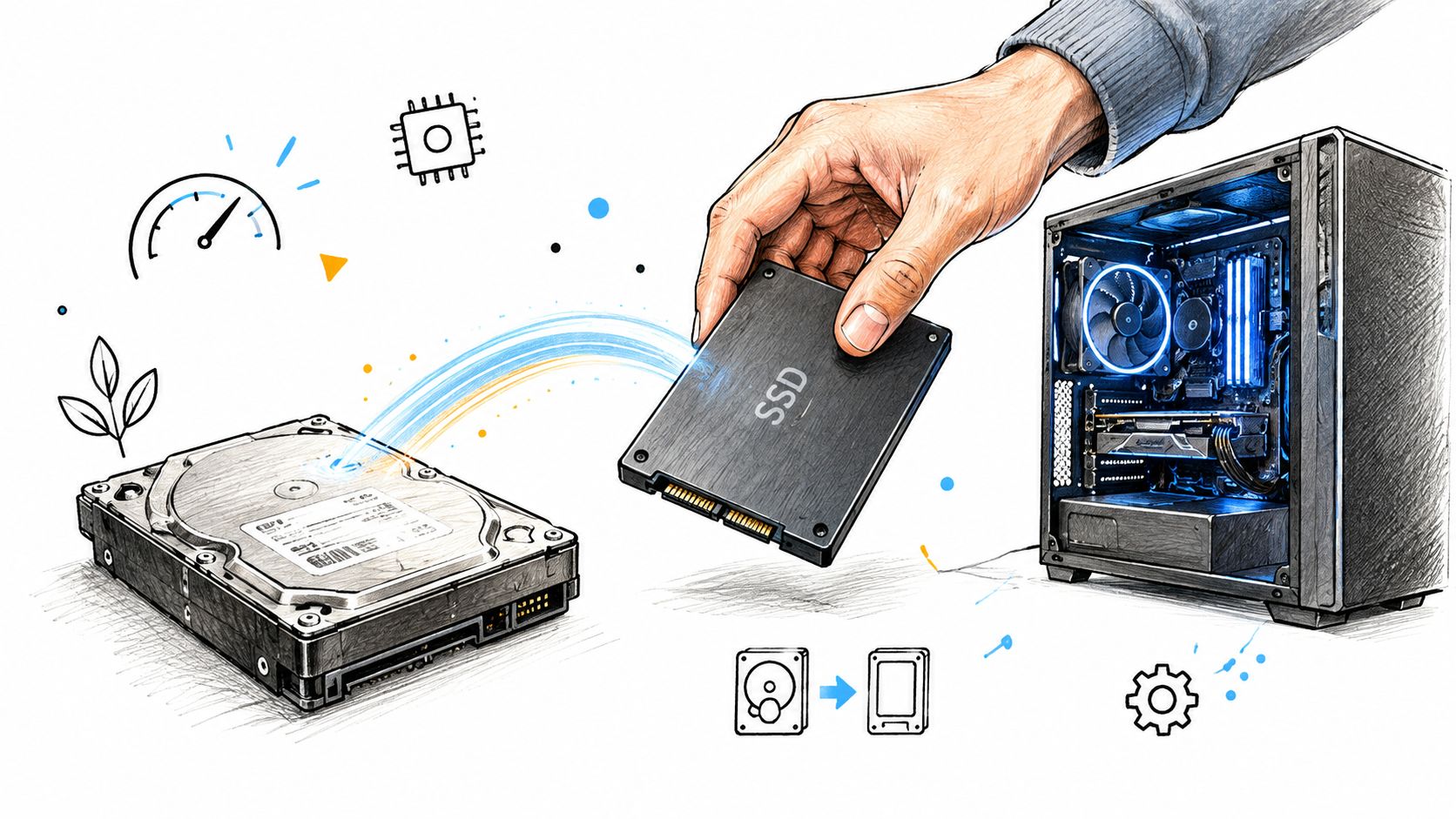 A hand transferring data from an old hard drive to a modern SSD computer storage drive.