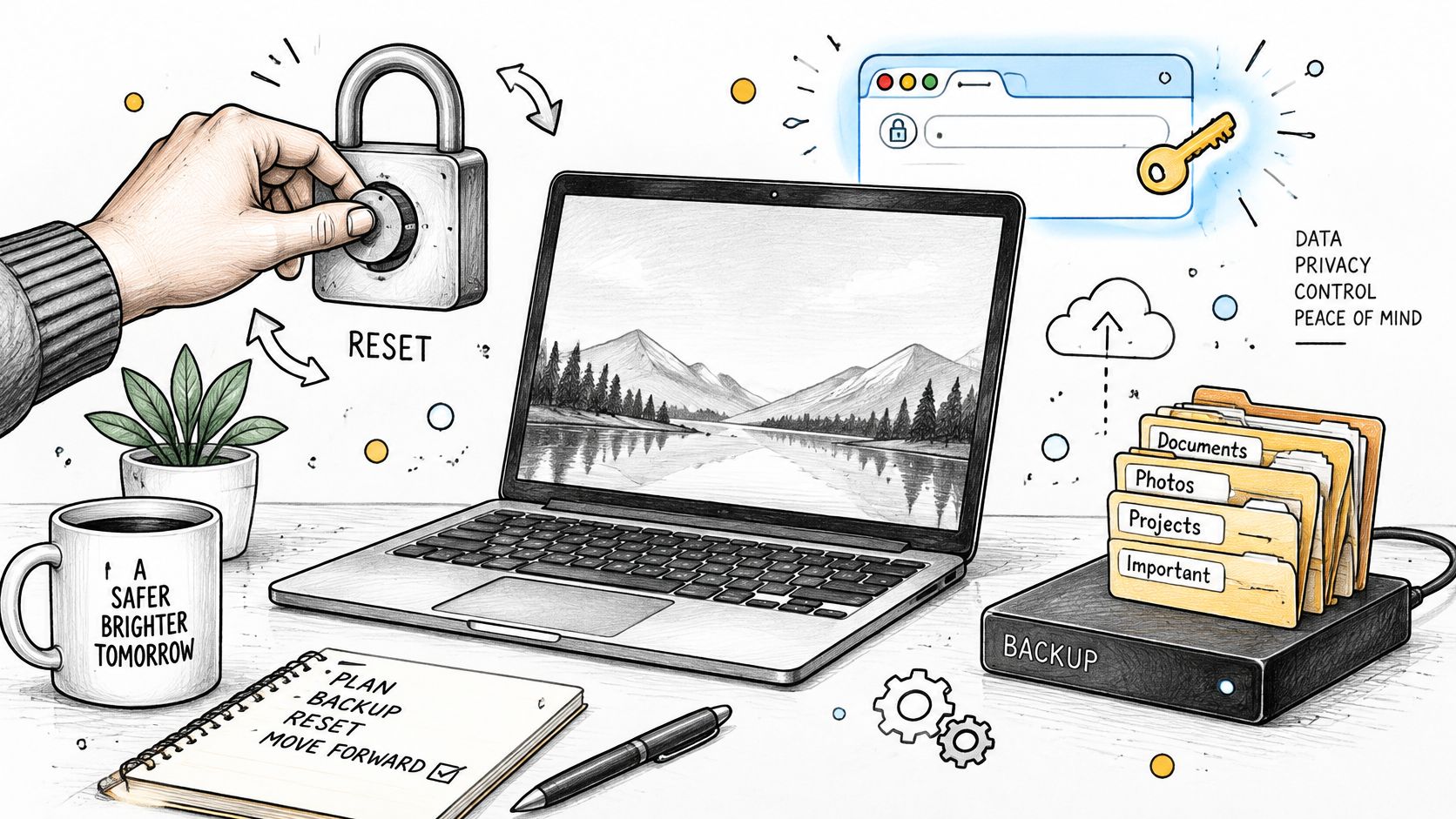 A conceptual illustration of data security and backup featuring a laptop, cloud storage, and organized folders.
