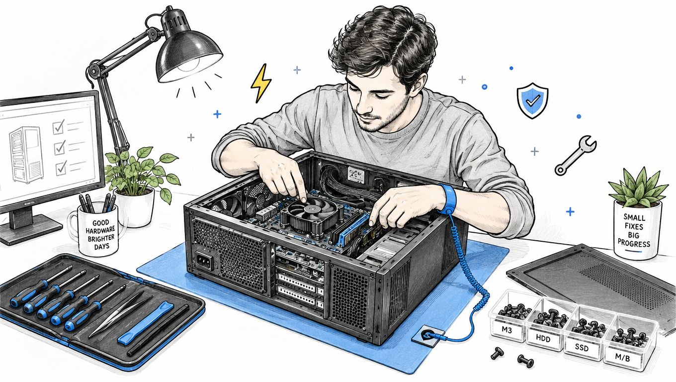 A young man carefully repairing the internal components of a desktop computer on a professional workbench.