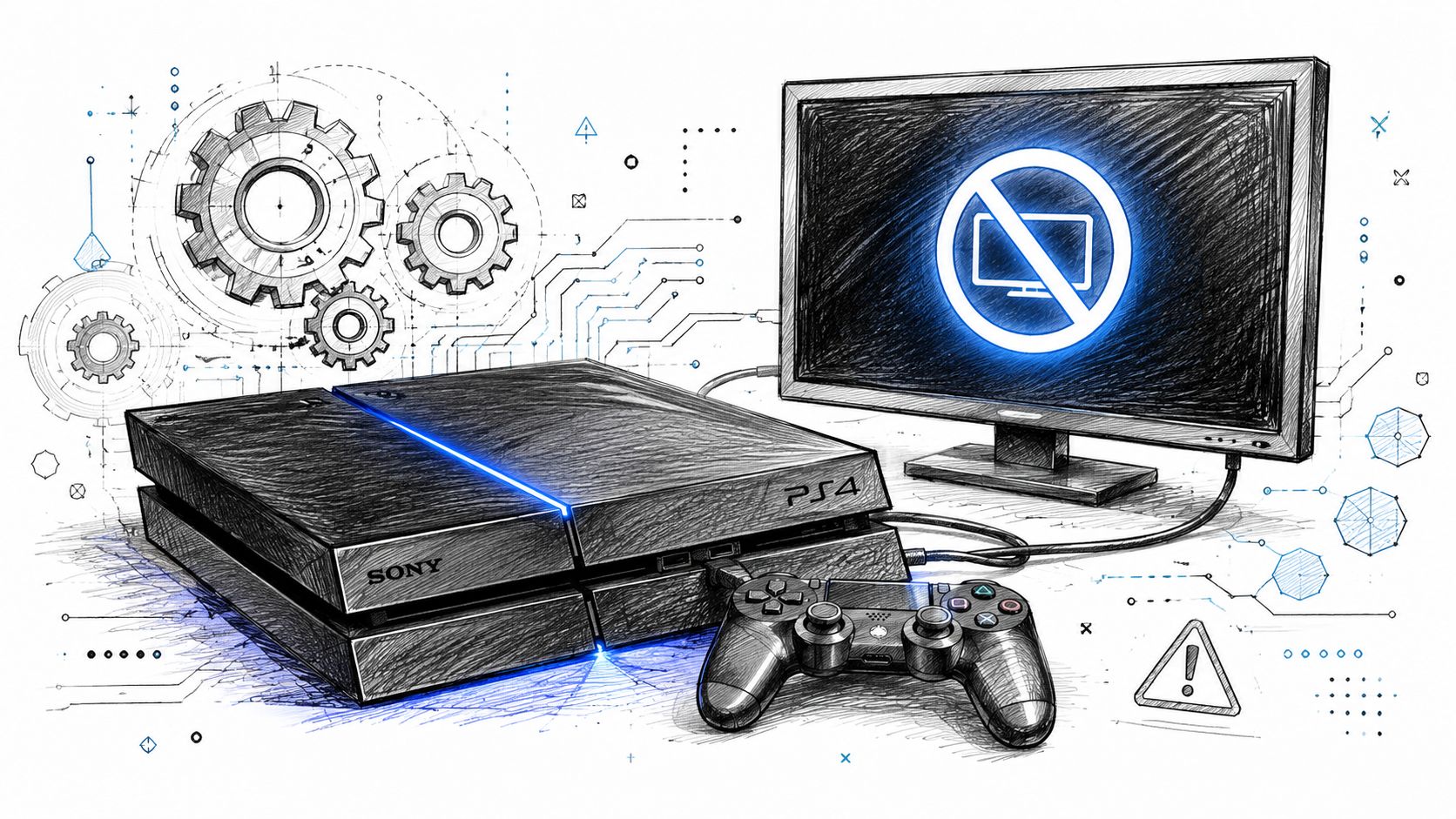 A sketched illustration of a PS4 gaming console and controller with a blank monitor showing error icon.